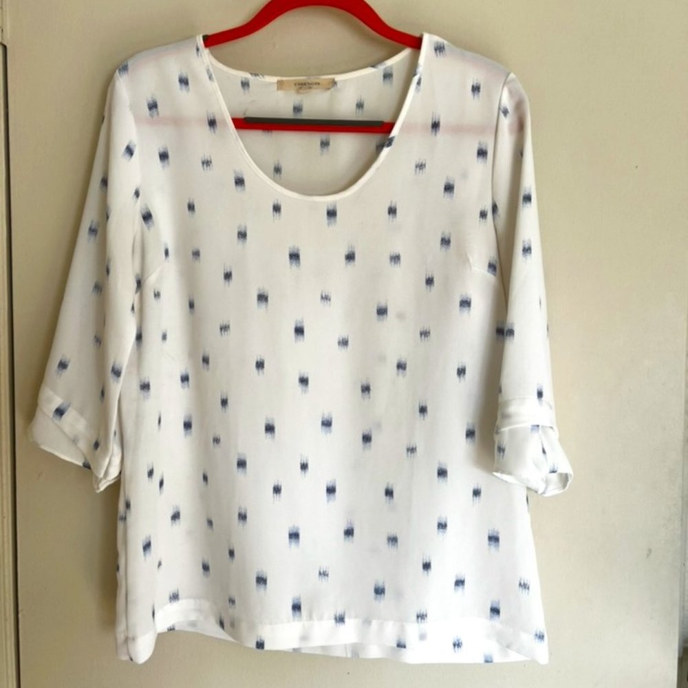 white with blue pattern blouse